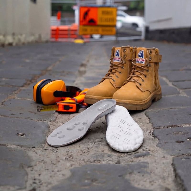 SoleBrace WorkFit insoles lifestyle image with work boots and site gear