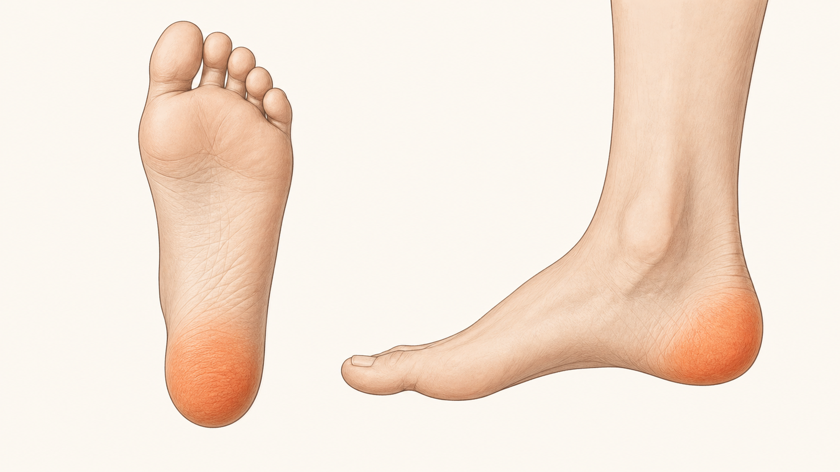 Illustration showing the underside and side profile of a foot with the heel highlighted