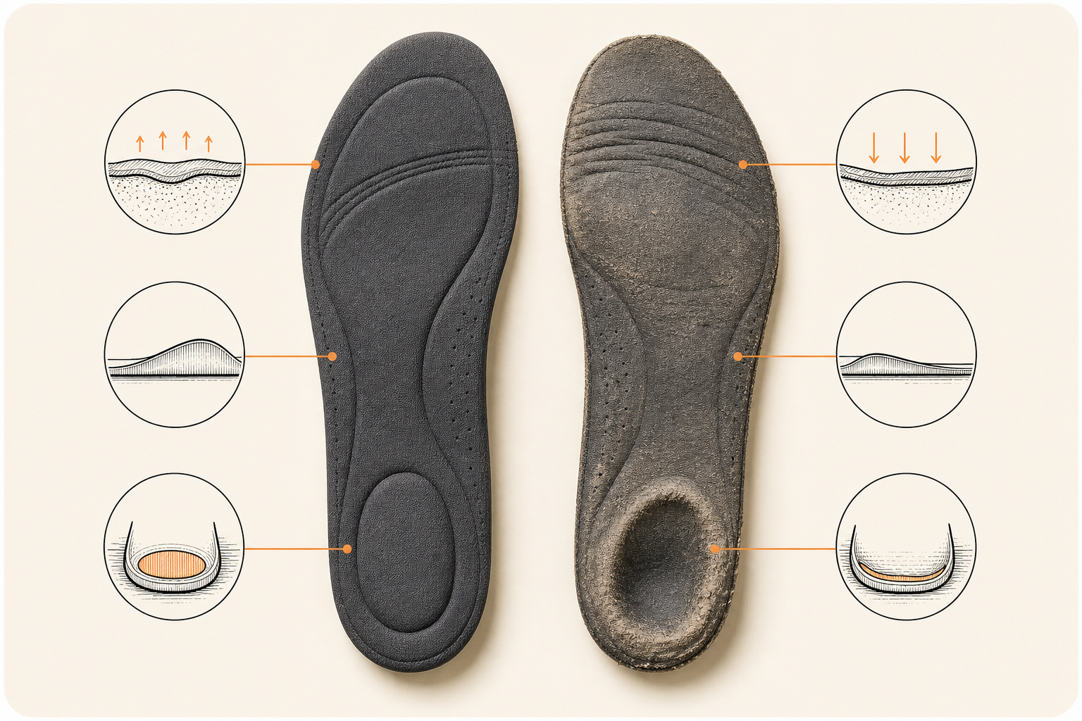 A newer insole beside a visibly compressed and worn insole
