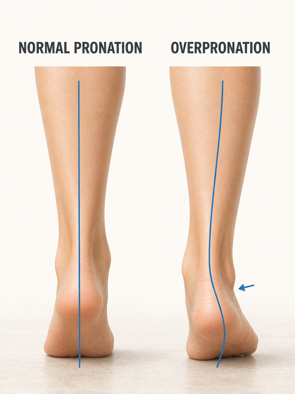 Side-by-side rear view illustration comparing normal pronation with overpronation