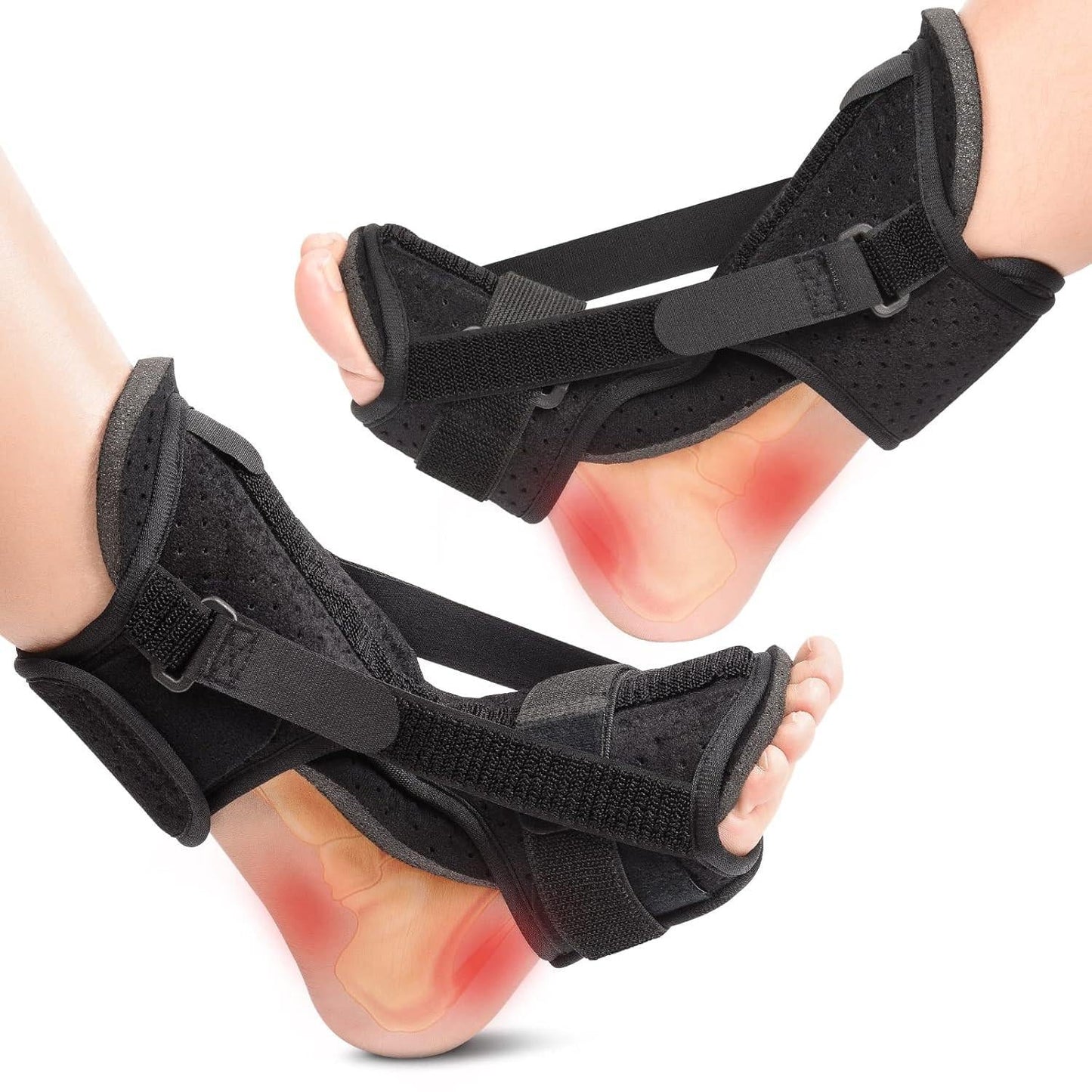 Night splint for foot pain relief with arch support cup and strap system