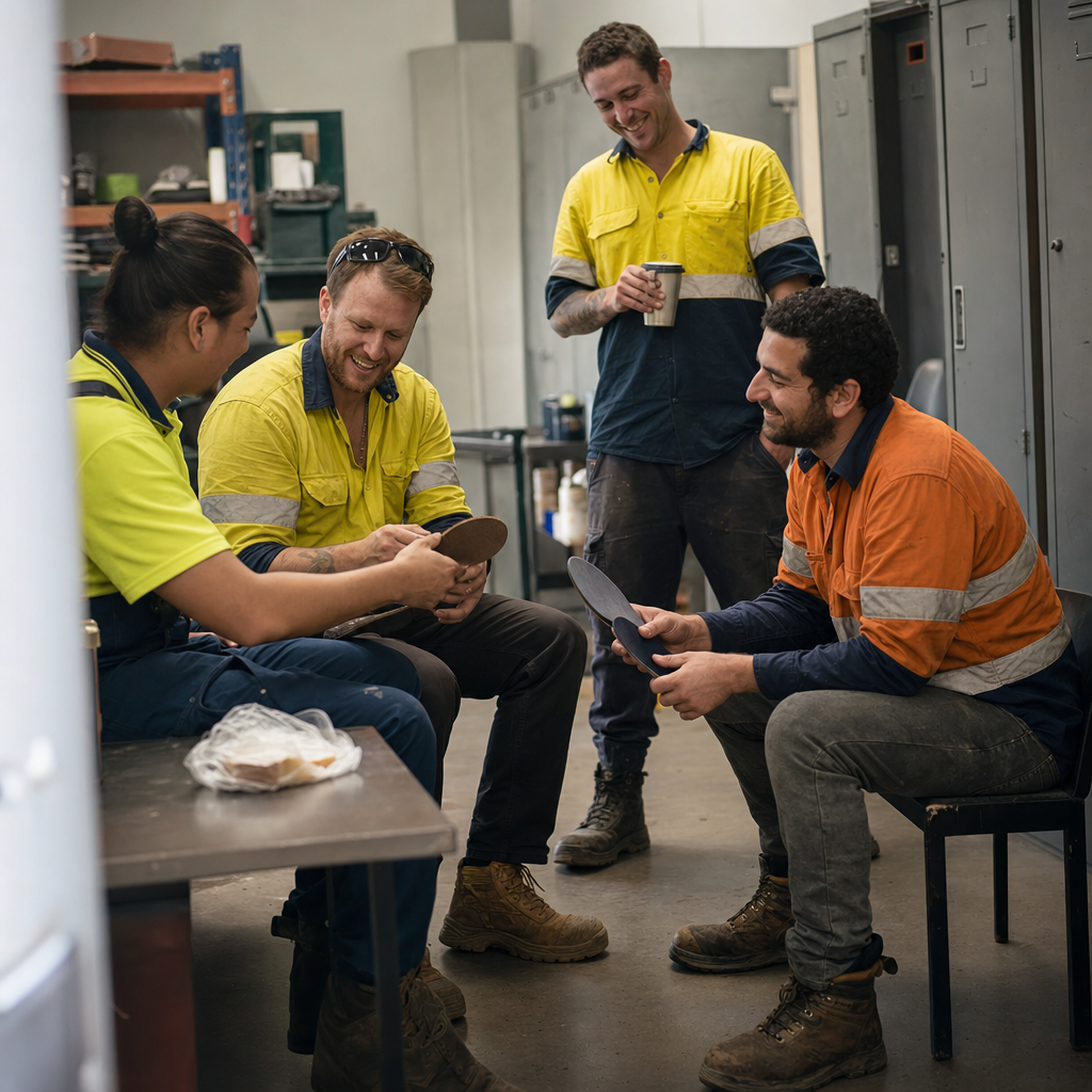 Workers comparing insoles during a break