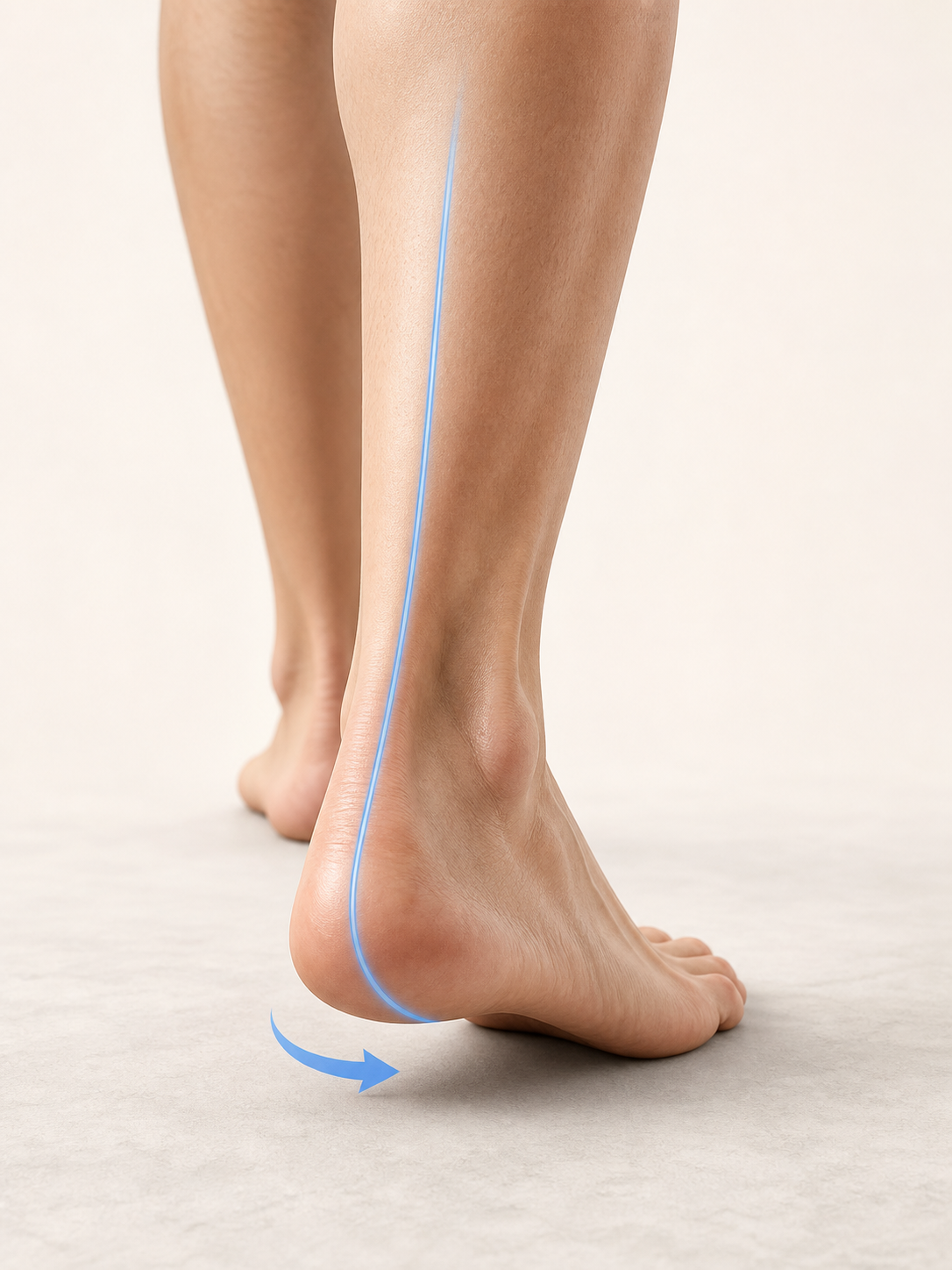 Rear view of a foot and ankle with an inward rolling alignment line to explain overpronation