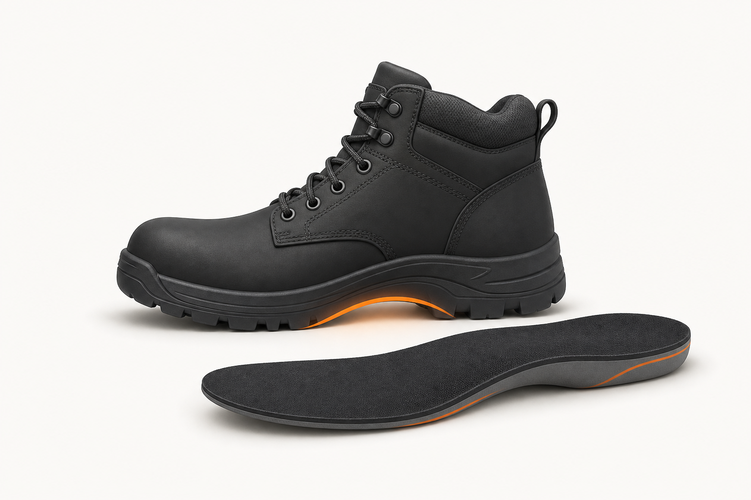 Educational illustration of a work boot and removable insole for a comfortable footwear setup