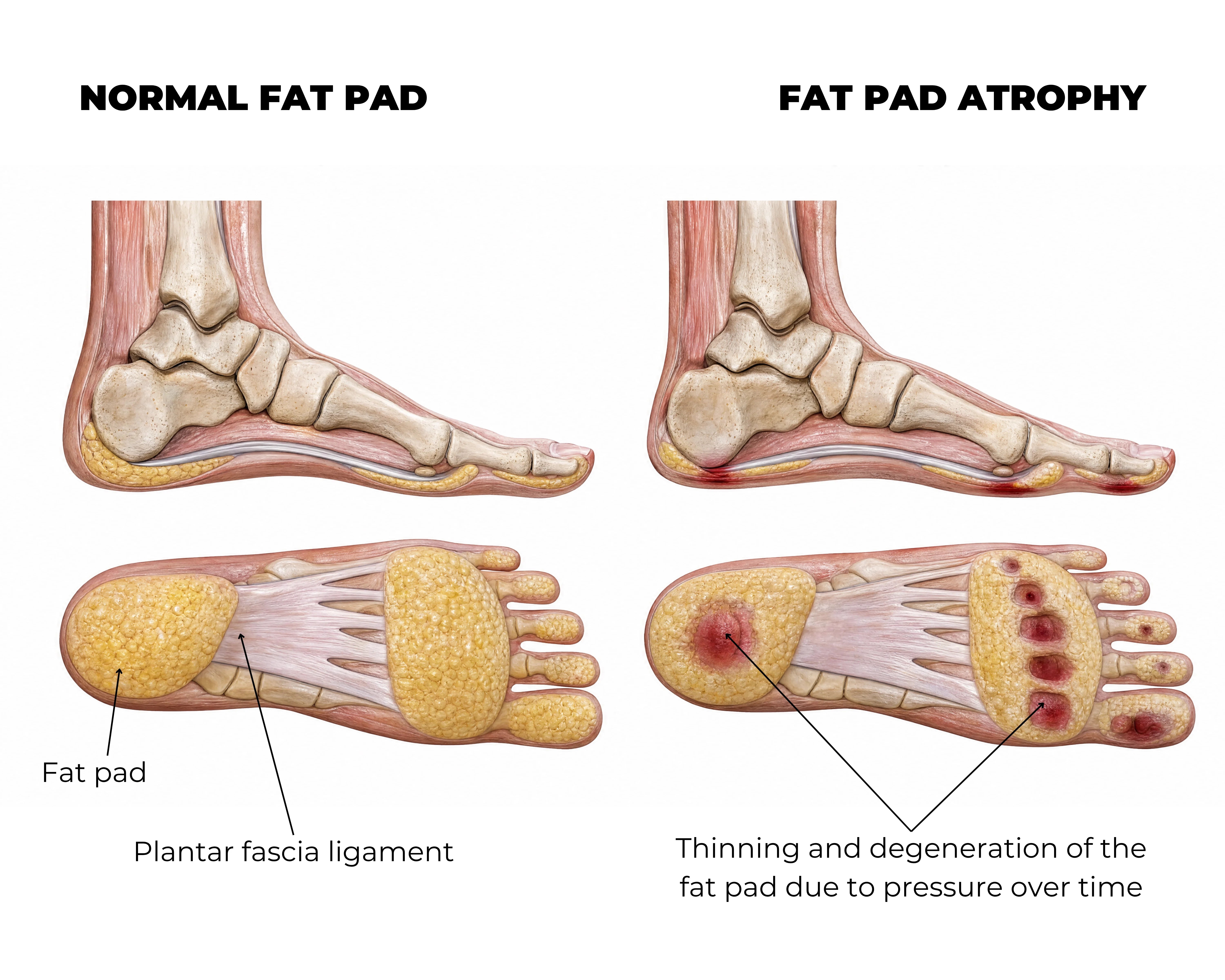 Comparison diagram showing a normal heel fat pad versus fat pad atrophy caused by repeated pressure over time