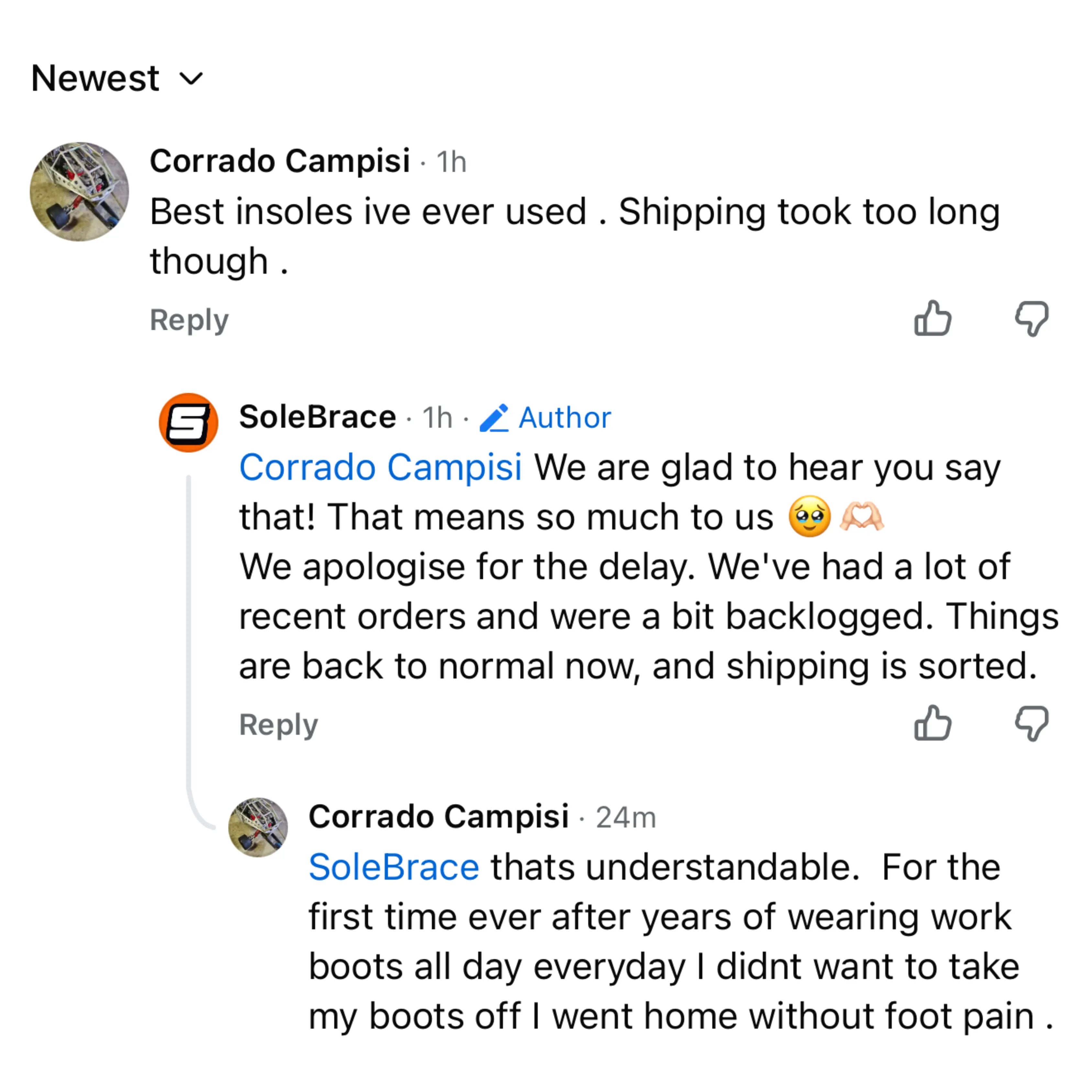 Customer Facebook comment about WorkFit Insoles, screenshot 7 of 11